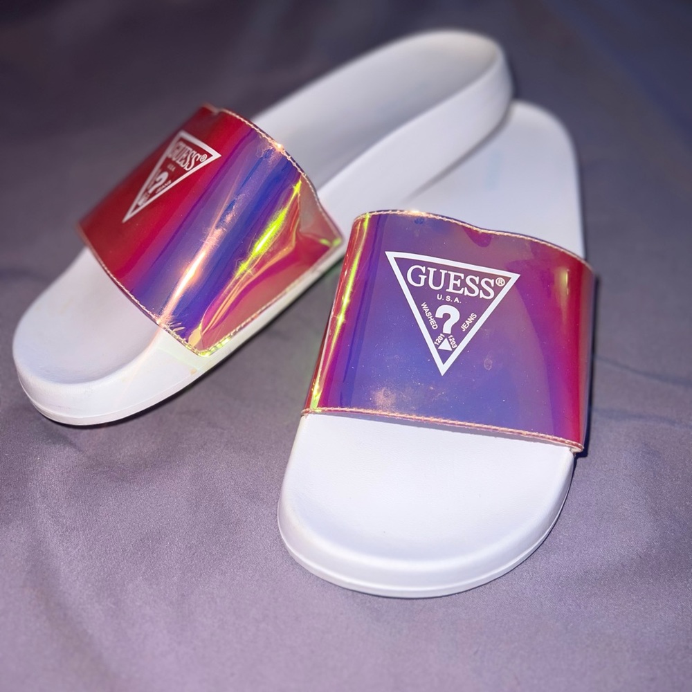 GUESS Pool Slides Iridescent Holgraphic
